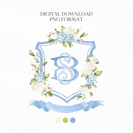 White Blue Hydrangea Flower Wedding Crest - Monogram Crest - Hydrangea Floral Watercolor Wedding Crest - Romantic Wedding Crest - Hydrangea