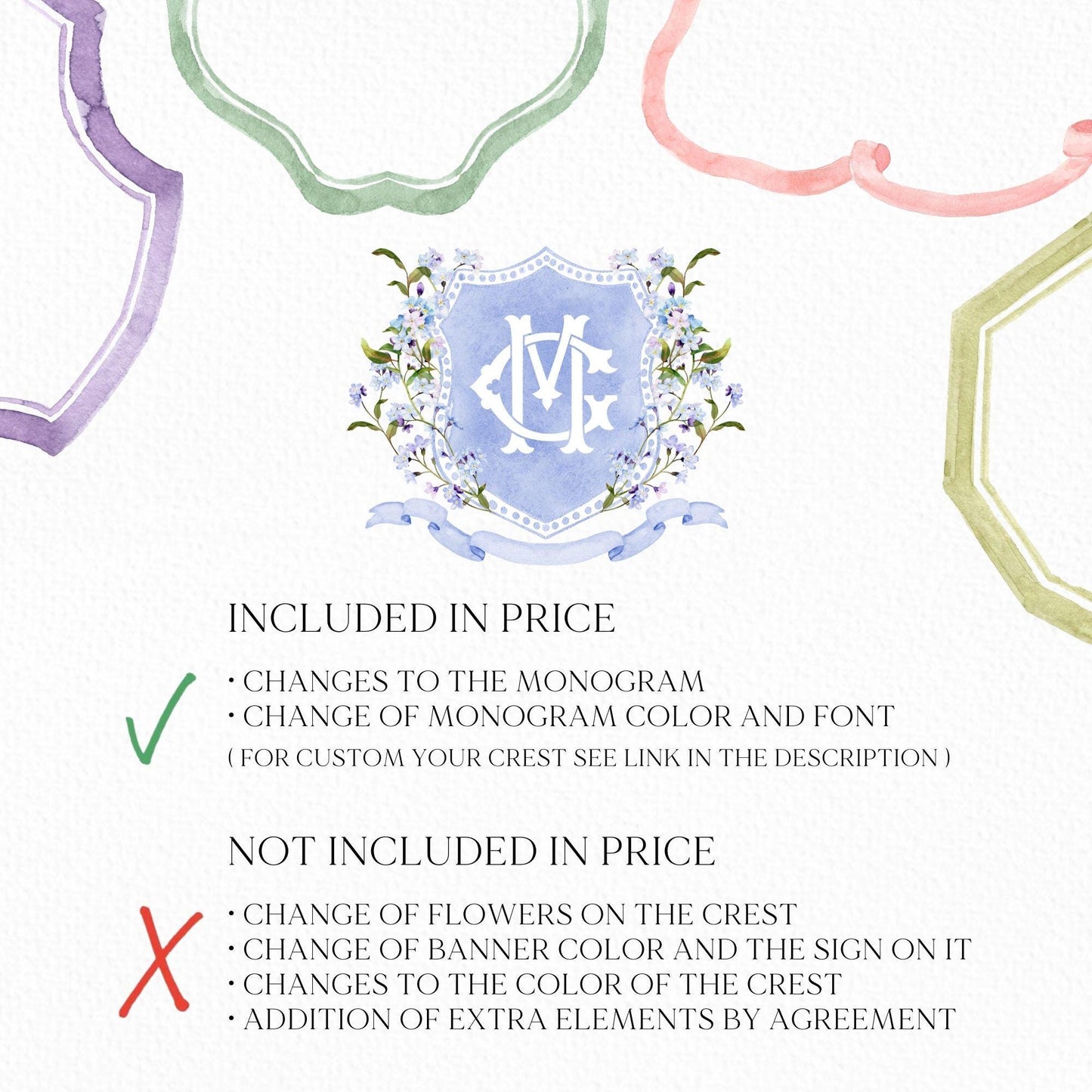 Wildflower Blue Spring Flower Wedding Crest - Monogram Crest - Wildflower bohemian Floral Watercolor Wedding Crest - Romantic Wedding Crest