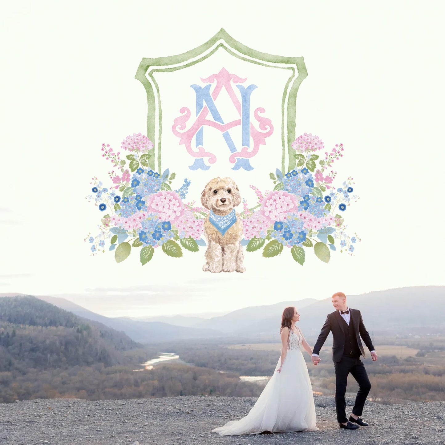 Hydrangea Blue Pink Wedding Family Crest - Light Pink Blue Hydrangea Flower Wedding Crest - Monogram Crest