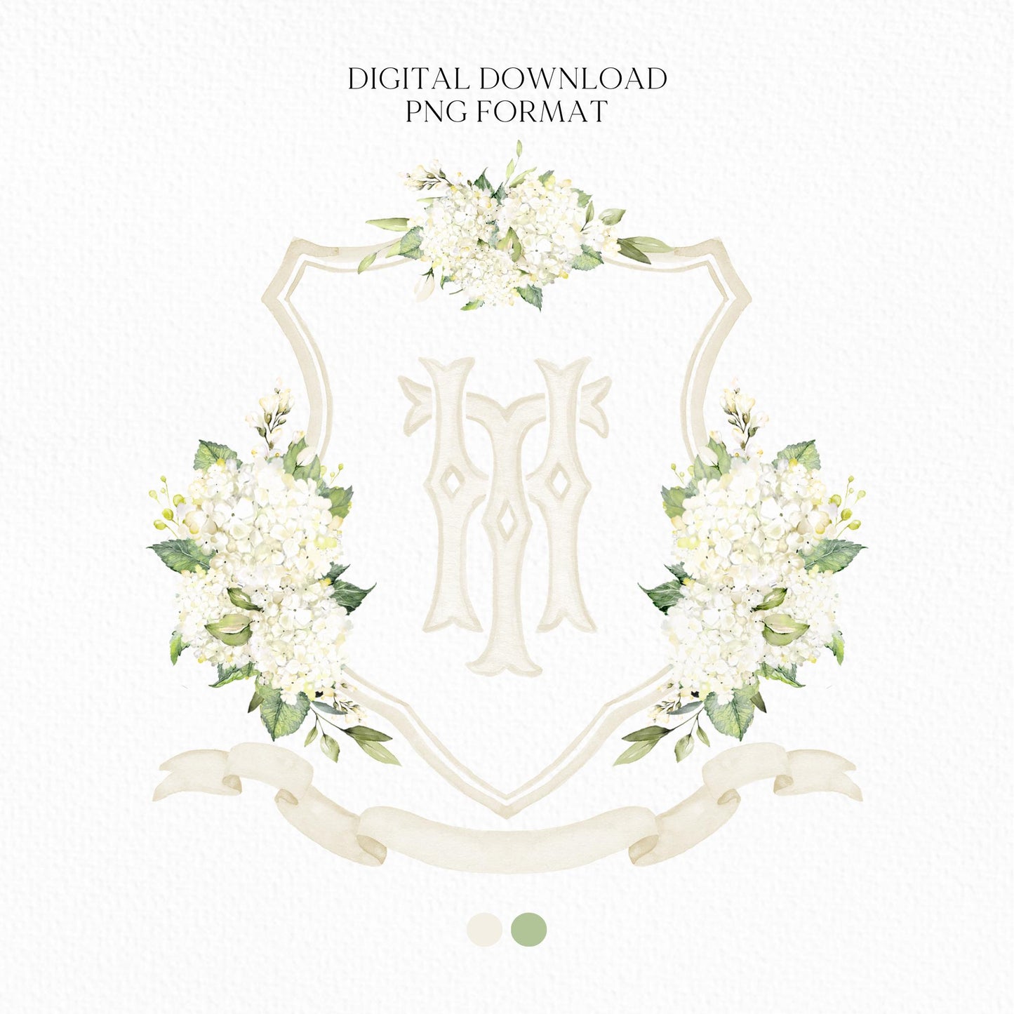 Hydrangea White Flower Wedding Crest - Monogram Crest - White Hydrangea Floral Luxury Watercolor Wedding Crest - Romantic Wedding Crest
