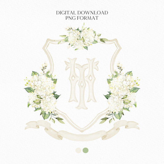Hydrangea White Flower Wedding Crest - Monogram Crest - White Hydrangea Floral Luxury Watercolor Wedding Crest - Romantic Wedding Crest