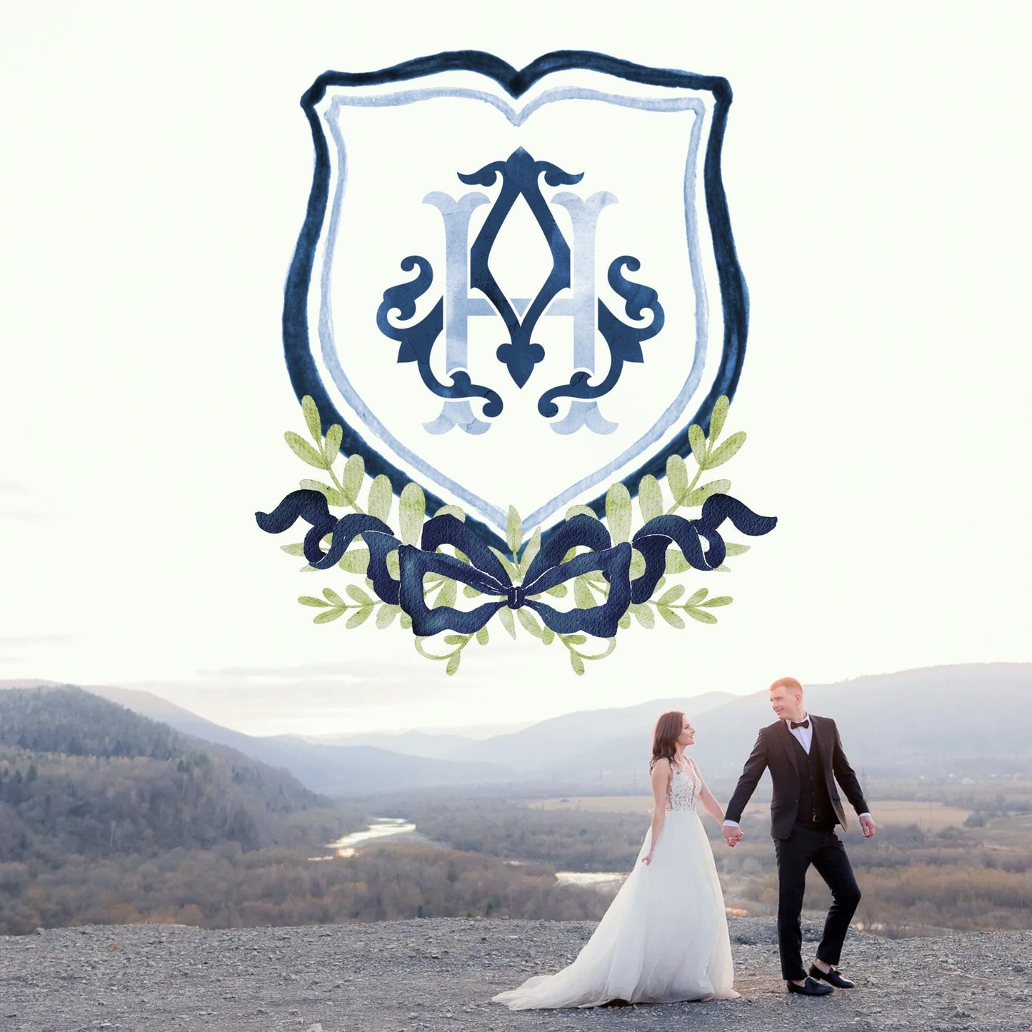 Dark Blue Watercolor Classic Eucalyptus Ribbon Flower Wedding Crest - Monogram Crest - Watercolor Wedding Crest - Romantic Wedding Crest