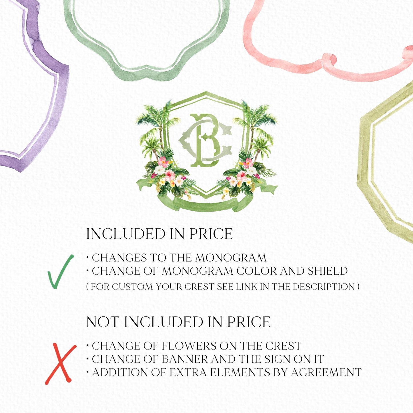 Tropical Watercolor Flowers Wedding Crest - Monogram Crest - Greenery Floral Blue Watercolor Wedding Crest - Romantic Wedding Crest