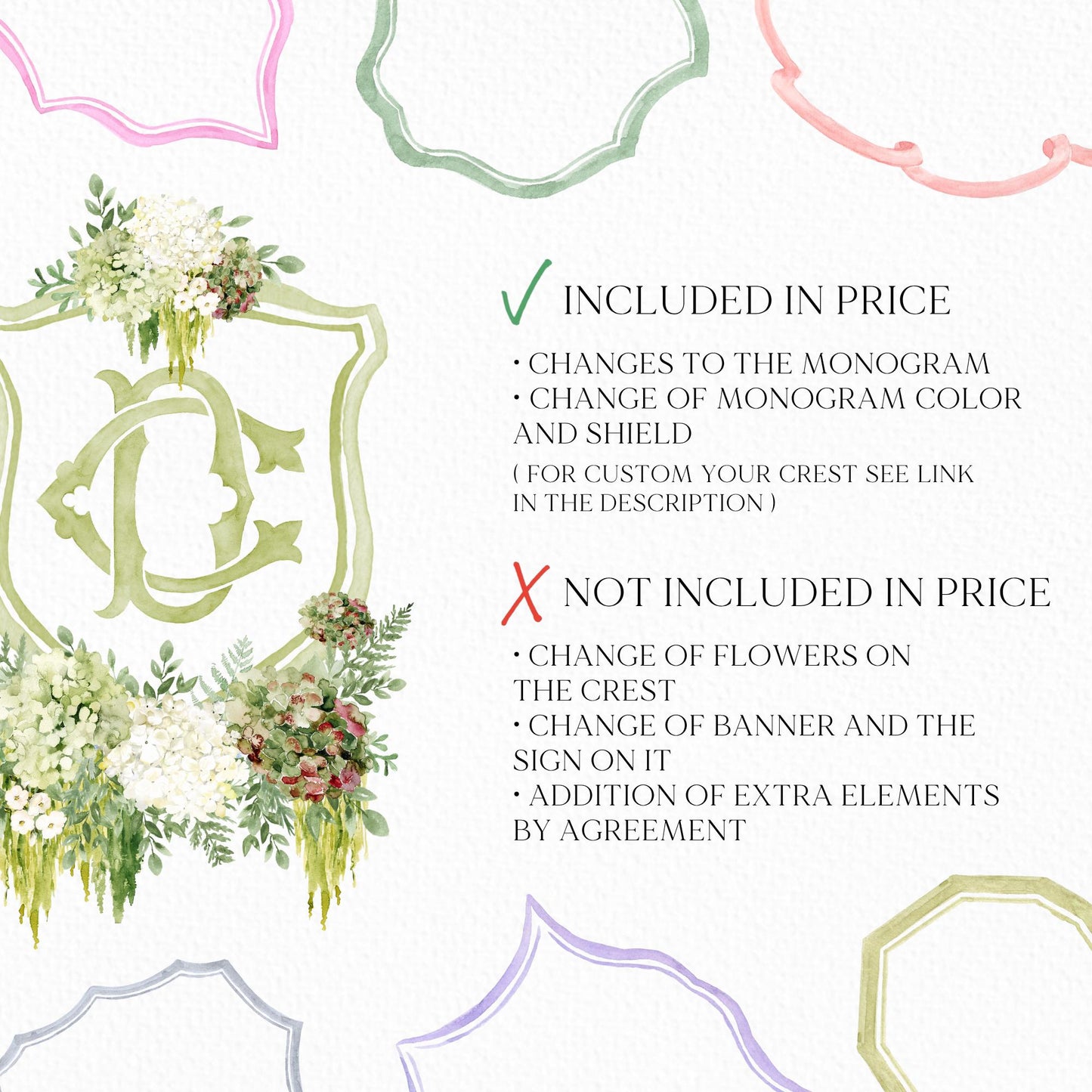 Hydrangea Macrophylla Green Flower Wedding Crest, Monogram Crest, Lush bright Greenery Floral Watercolor Wedding Crest, Hydrangea Crest