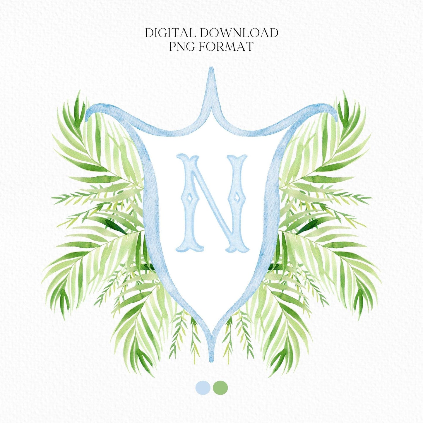Palm Leaf Greenery Garden Watercolor Wedding Crest - Monogram Crest - Palm leaves Greenery Watercolor Wedding Crest - Romantic Wedding Crest