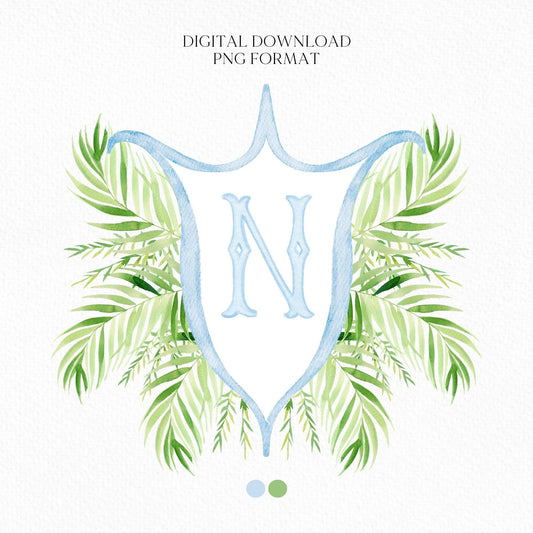 Palm Leaf Greenery Garden Watercolor Wedding Crest - Monogram Crest - Palm leaves Greenery Watercolor Wedding Crest - Romantic Wedding Crest