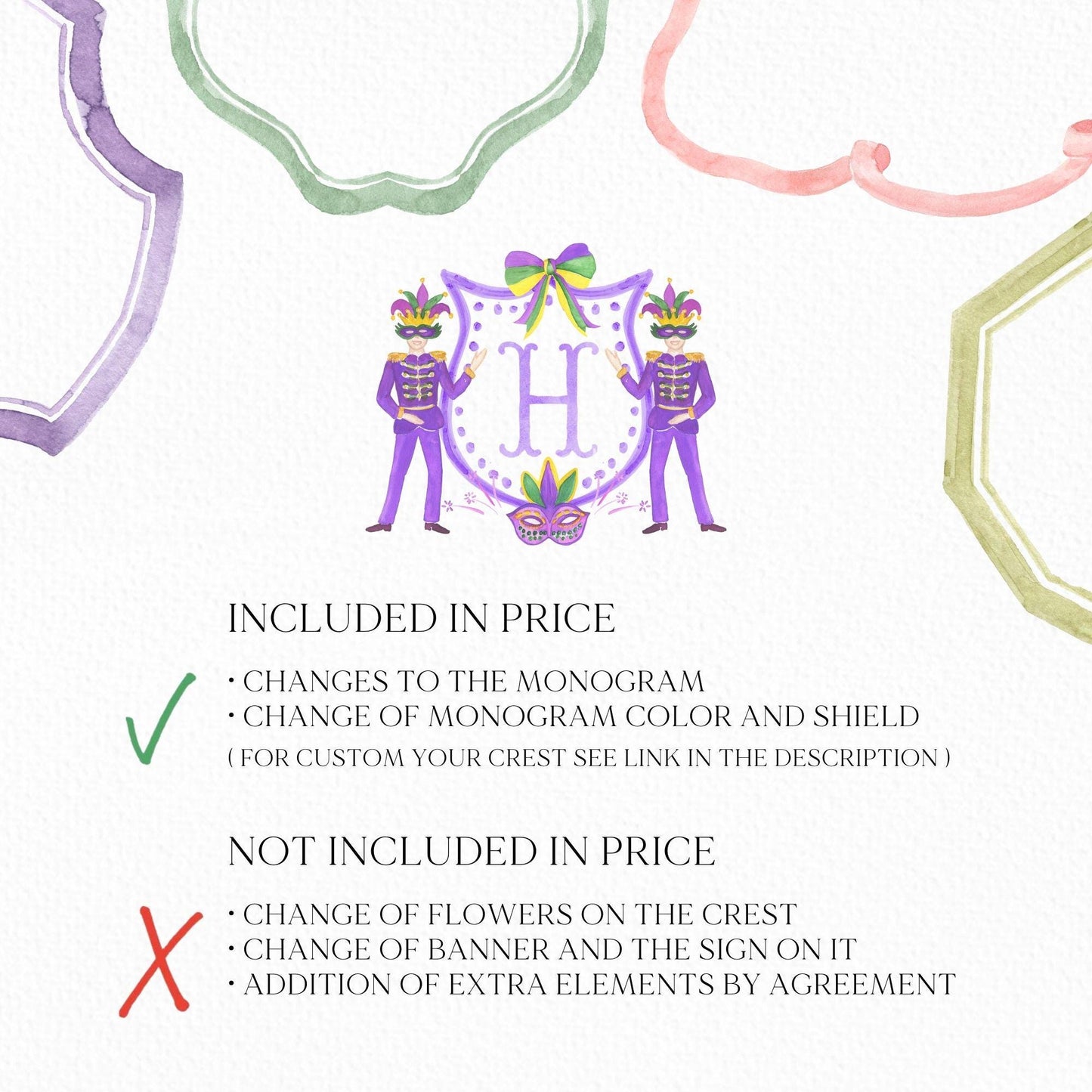 Mardi Gras New Orleans Crest Watercolor Wedding Crest - Monogram Crest - Mardi Gras Watercolor Wedding Crest Romantic Wedding Crest