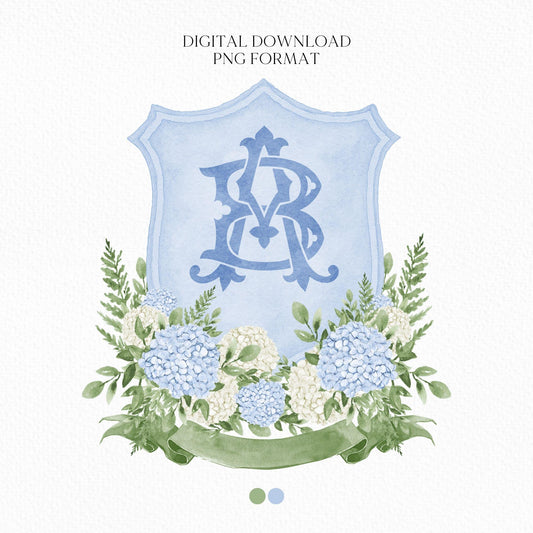 Hydrangea Flower Wedding Crest - Monogram Crest - Hydrangea Floral Luxury Watercolor Wedding Crest - Romantic Wedding Crest- Boho Hydrangea