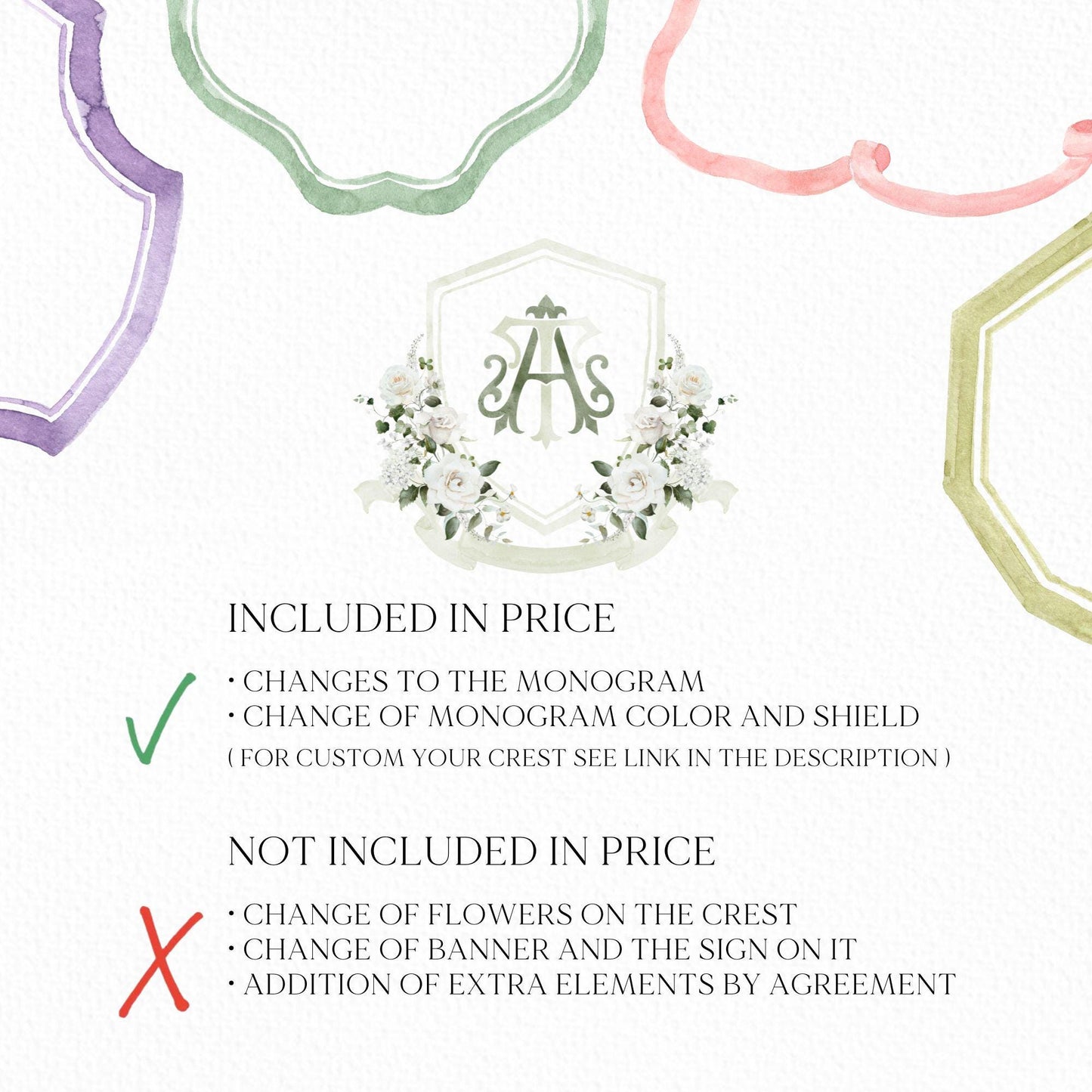White Rose Greenery White Flower Wedding Crest - Monogram Crest - White Floral Watercolor Wedding Crest - Romantic Wedding Crest