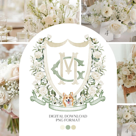 Hydrangea White Rose Greenery Flower Wedding Crest - Monogram Crest - Hydrangea White Floral Watercolor Wedding Crest Romantic Wedding Crest