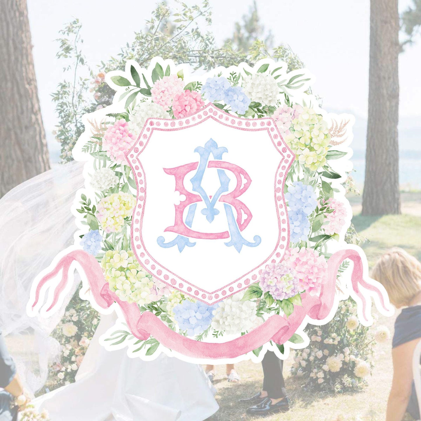 Blue White Pink Hydrangea Flower Wedding Crest - Monogram Crest - Pastel Color Hydrangea Floral Luxury Watercolor Wedding Crest
