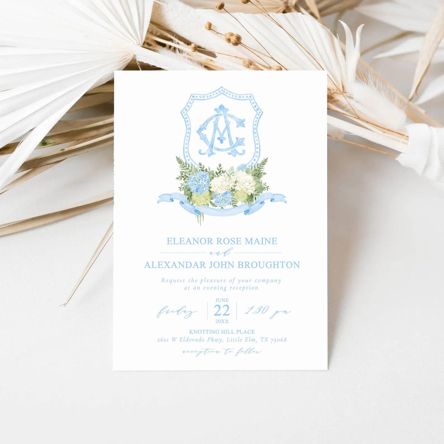 Blue Hydrangea Flower Wedding Crest - Monogram Crest - Hydrangea White Floral Luxury Watercolor Wedding Crest - Romantic Wedding Crest
