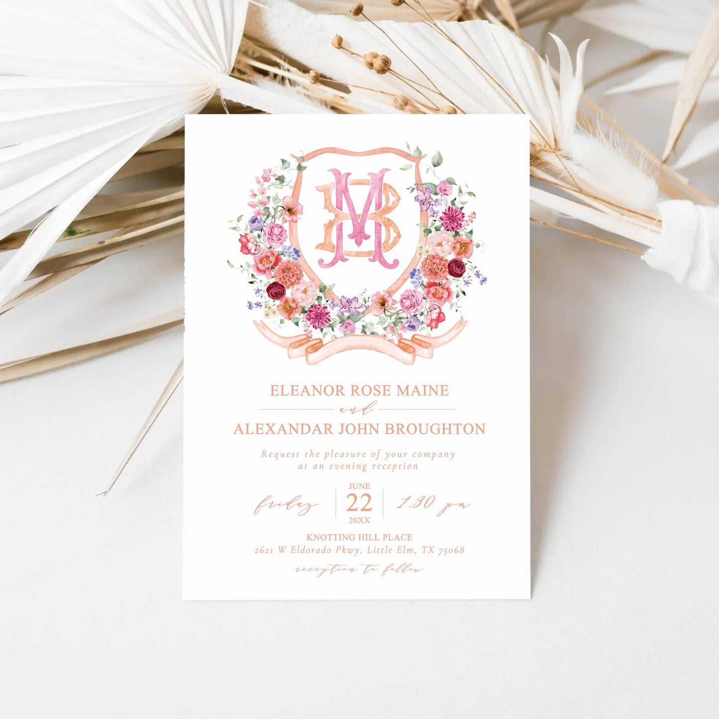 Wildflower Pink Flower Wedding Crest - Monogram Crest - Floral Luxury Watercolor Wedding Crest - Romantic Wedding Crest