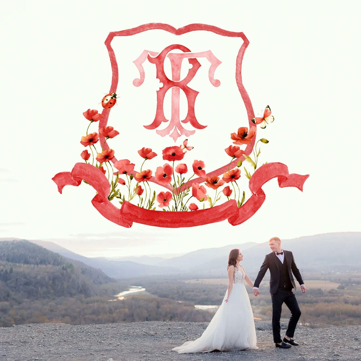 Red Poppy Flower Wedding Crest - Monogram Crest - Watercolor Poppies Floral Luxury Watercolor Wedding Crest - Romantic Wedding Crest