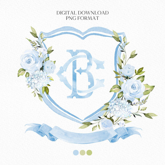 Baby Blue Roses Eucalyptus Flower Wedding Crest - Monogram Crest - Blue Floral Luxury Watercolor Wedding Crest - Romantic Wedding Crest