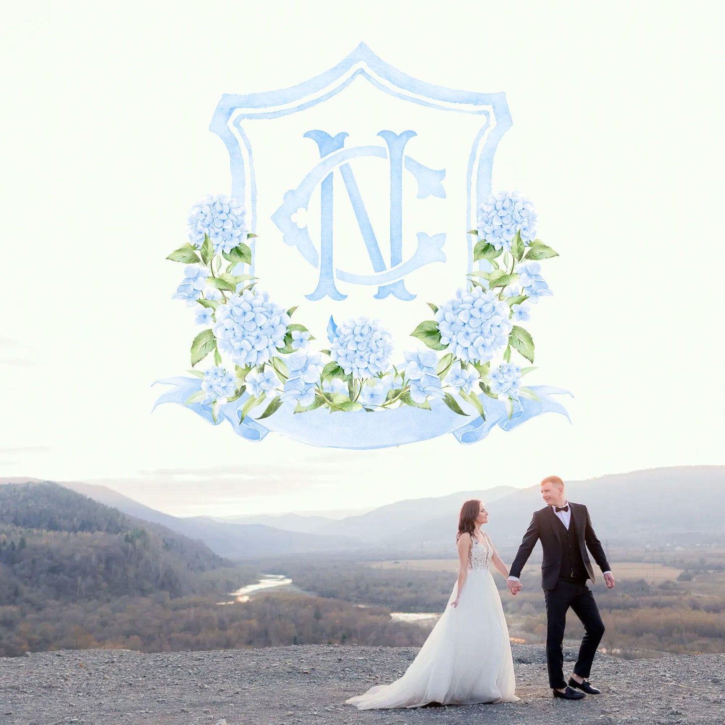 Watercolor Hydrangea Wedding Crest – Light Blue Floral Monogram (Digital Download)