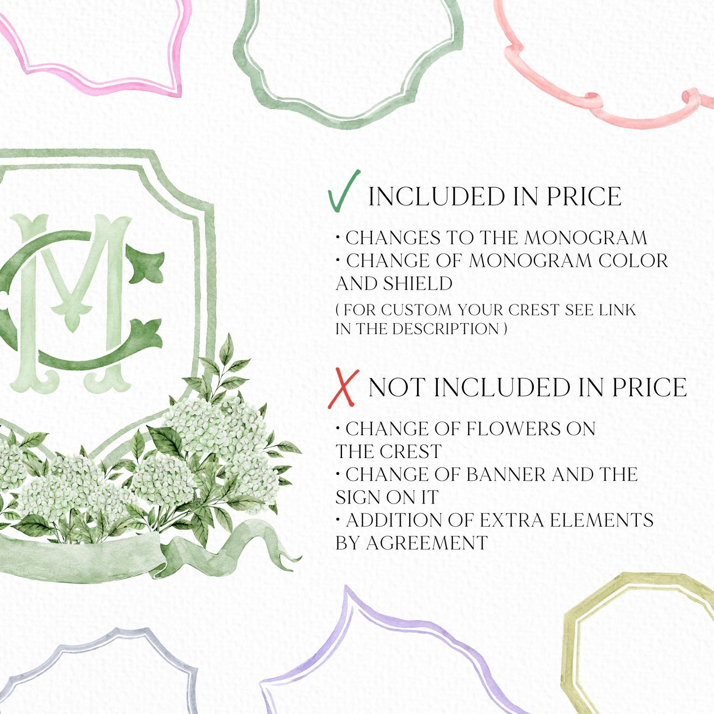 Green Hydrangea Flower Wedding Crest - Monogram Crest - Hydrangea White Floral Luxury Watercolor Wedding Crest - Romantic Wedding Crest