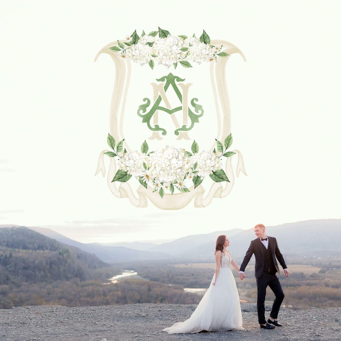 Hydrangea White Green Wedding Crest - Monogram Crest - Hydrangea Floral Luxury Watercolor Wedding Crest - Romantic Wedding Crest