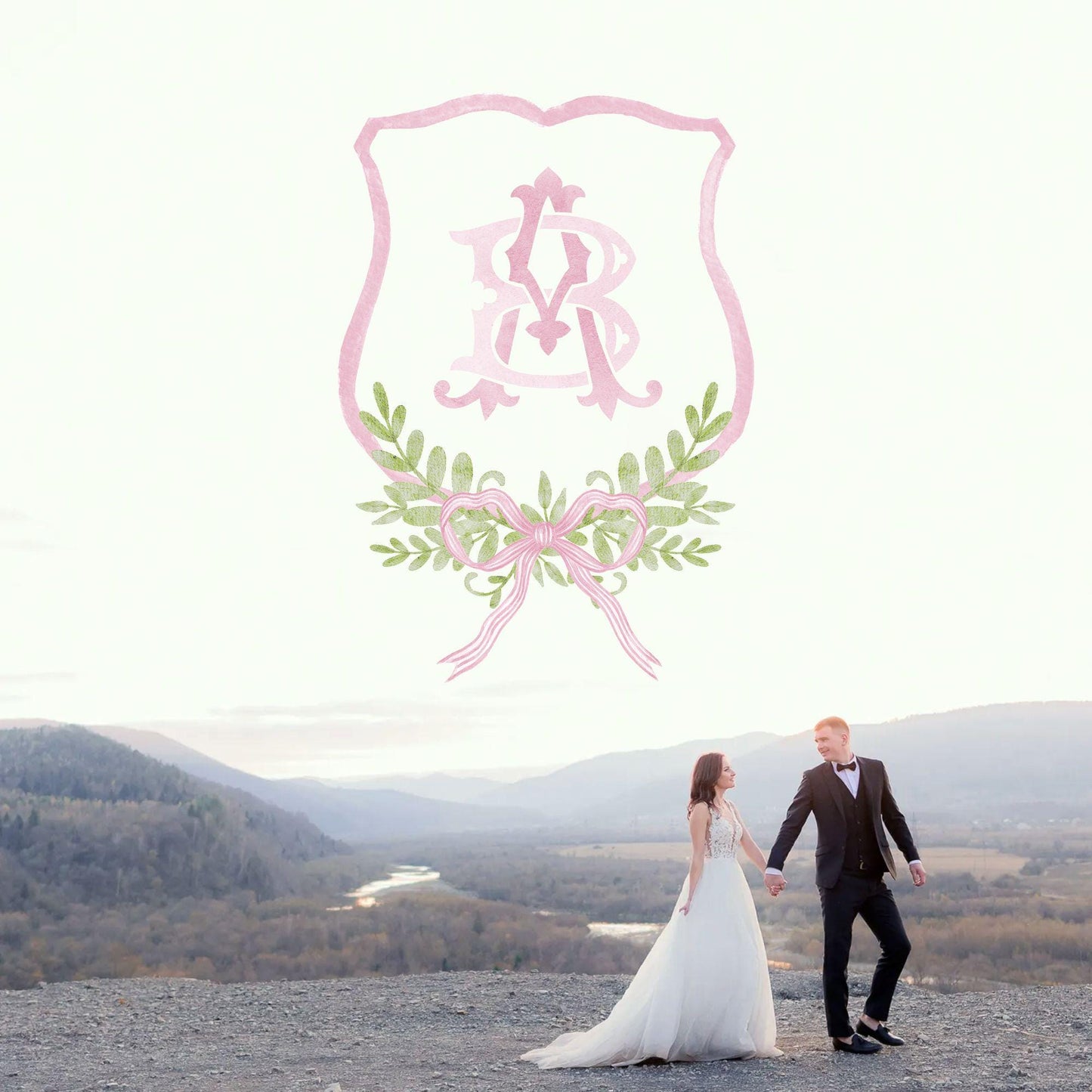 Pink Coquette Ribbon Bow Crest Wedding Crest - Monogram Crest - Pink Ribbon Bow Watercolor Wedding Crest Romantic Wedding Crest