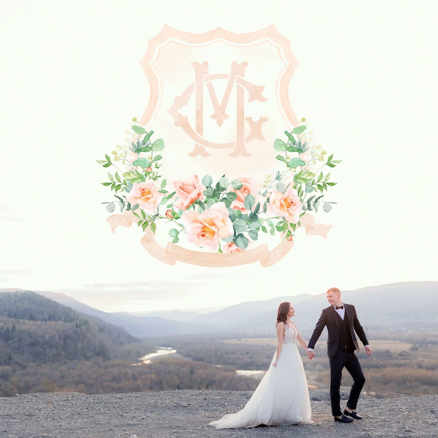 Peach Greenery Floral Eucalyptus watercolor Wedding Crest - Monogram Crest - Floral Luxury Watercolor Wedding Crest - Romantic Wedding Crest