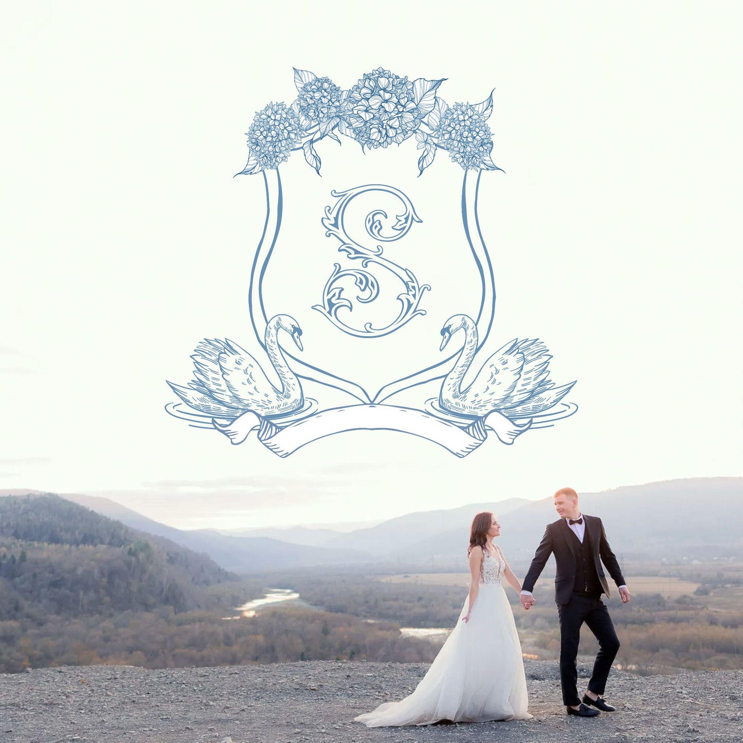 Vintage Hydrangea Flower Wedding Crest - Monogram Crest - Hydrangea Floral Luxury Line art Wedding Crest - Romantic Wedding Crest