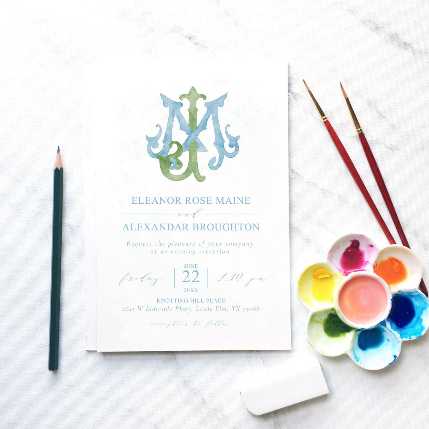 Watercolor Wedding Monogram MJ – Classic Lettered Crest (Digital Download)