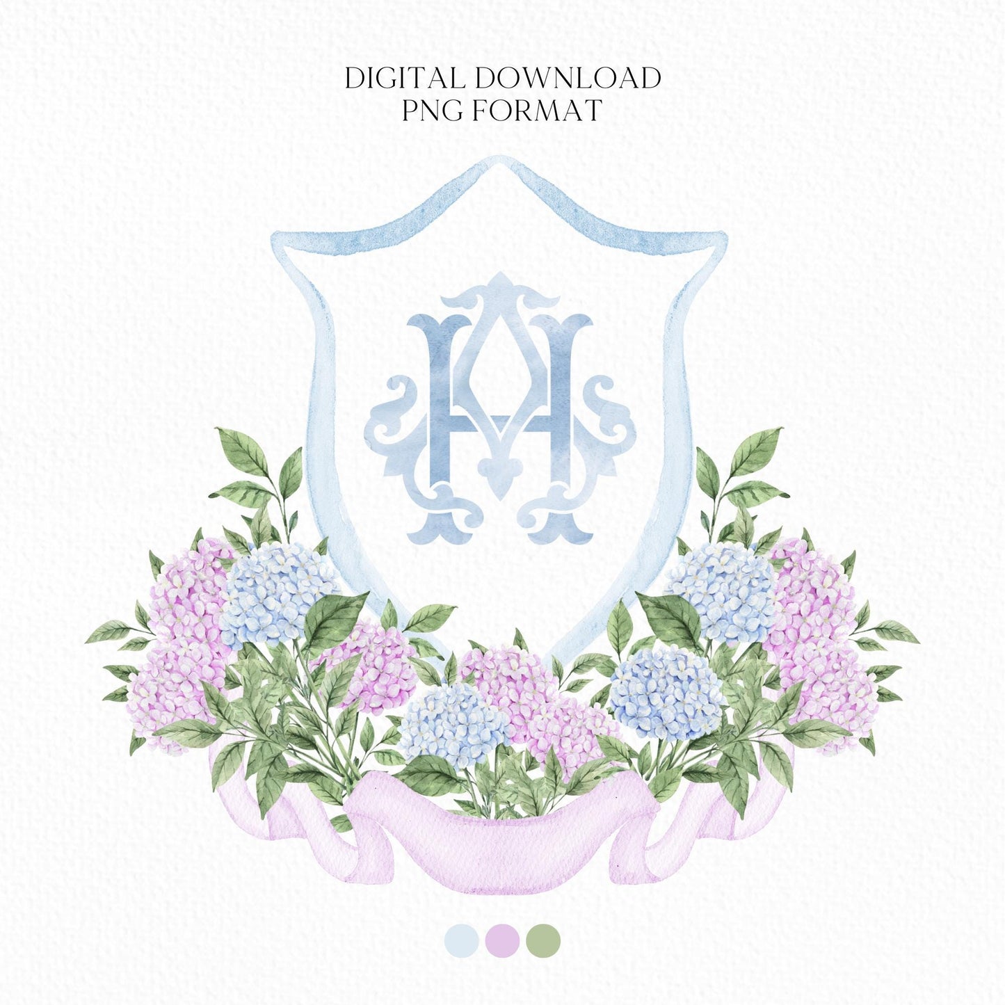 Hydrangea Light Blue Flower Wedding Crest - Monogram Crest - Purple Hydrangea White Floral Watercolor Wedding Crest Romantic Wedding Crest