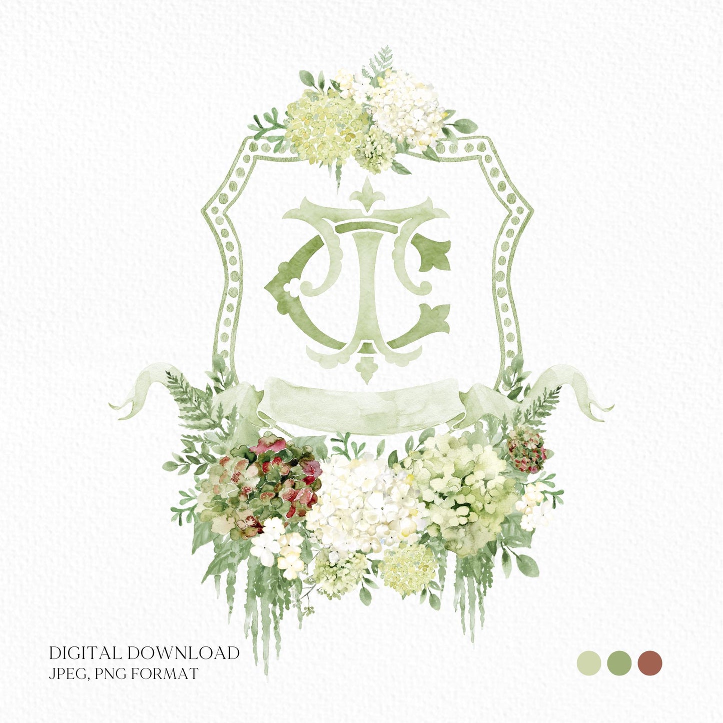 Hydrangea Macrophylla Green Flower Wedding Crest, Monogram Crest, Lush bright Greenery Floral Watercolor Wedding Crest, Hydrangea Crest