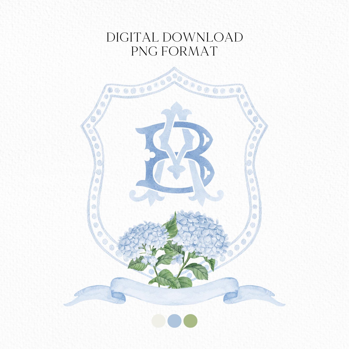 Hydrangea Blue Wedding Crest - Monogram Crest - Hydrangea Floral Luxury Watercolor Wedding Crest - Romantic Wedding Crest
