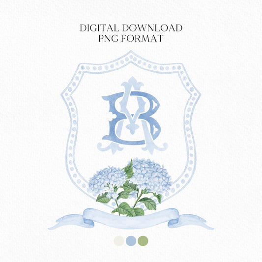 Hydrangea Blue Wedding Crest - Monogram Crest - Hydrangea Floral Luxury Watercolor Wedding Crest - Romantic Wedding Crest