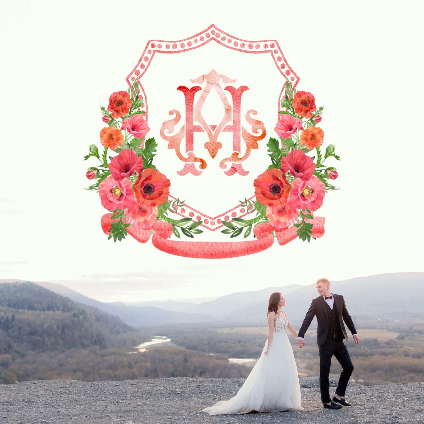 Poppy Bouquet Flower Wedding Crest - Monogram Crest - Spring Floral Floral Luxury Watercolor Wedding Crest - Romantic Wedding Crest
