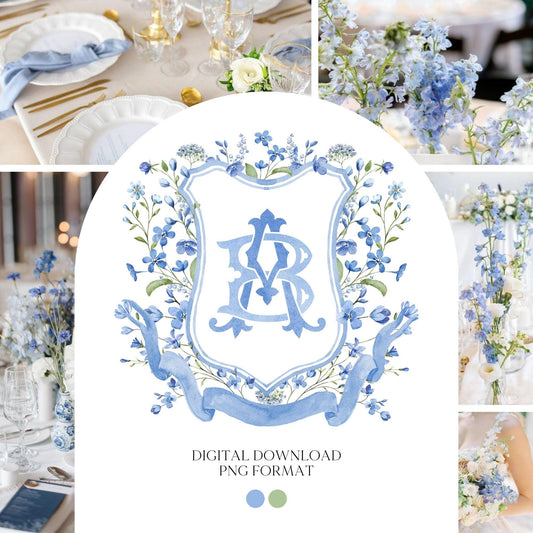 Blue WildFlower Wedding Crest - Monogram Crest - WildFlower Floral Luxury Watercolor Wedding Crest - Romantic Wedding Crest- Boho WildFlower