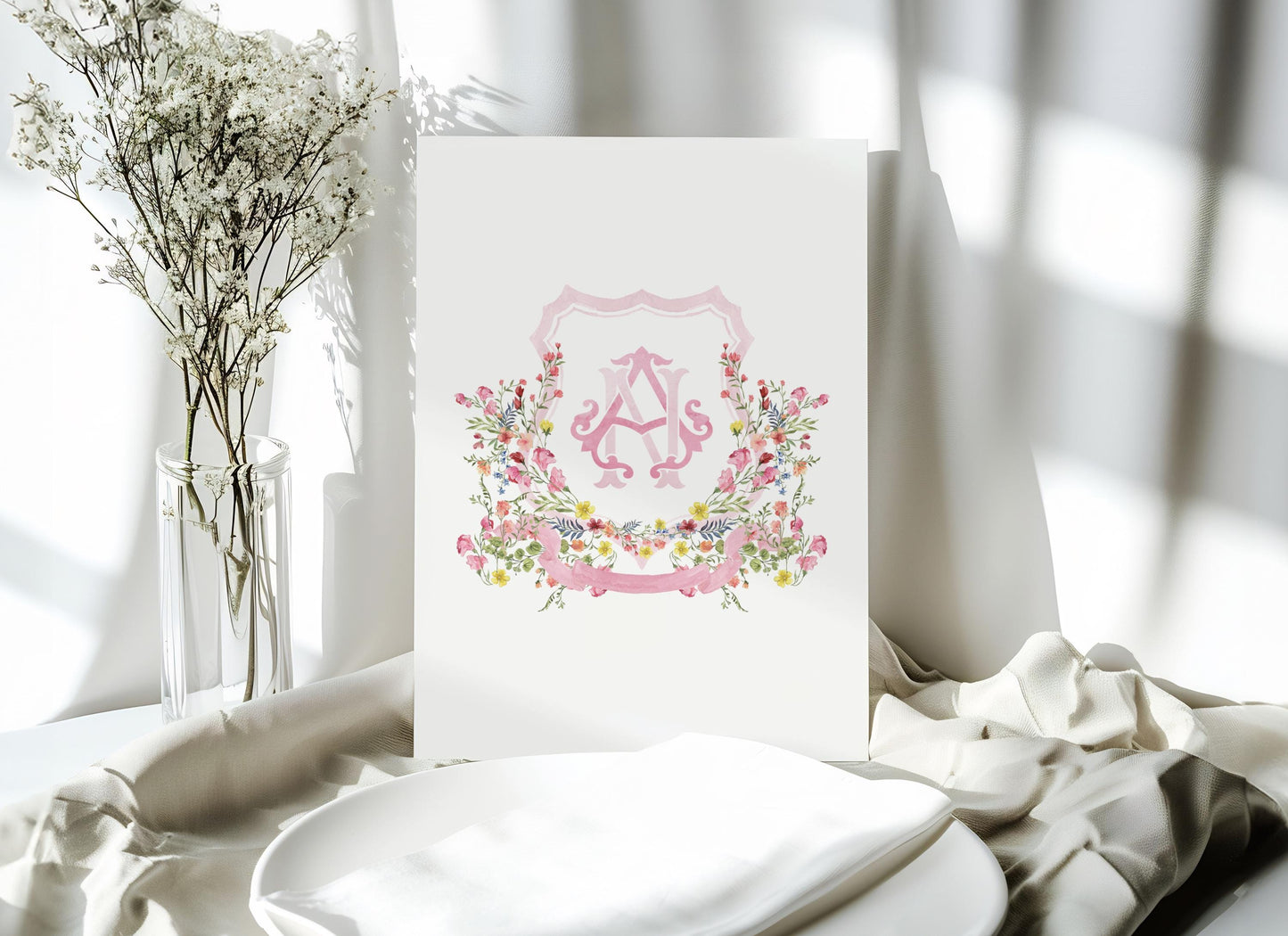 Wildflower Pink Flower Wedding Crest - Monogram Crest - Floral Luxury Watercolor Wedding Crest - Romantic Wedding Crest