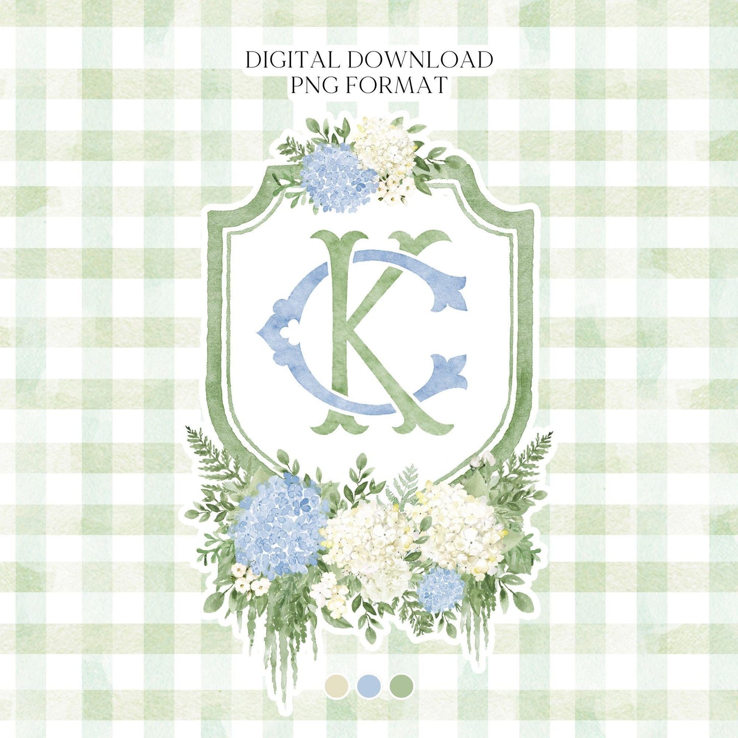 Blue Hydrangea Flower Wedding Crest - Monogram Crest - Hydrangea White Floral Luxury Watercolor Wedding Crest - Romantic Wedding Crest