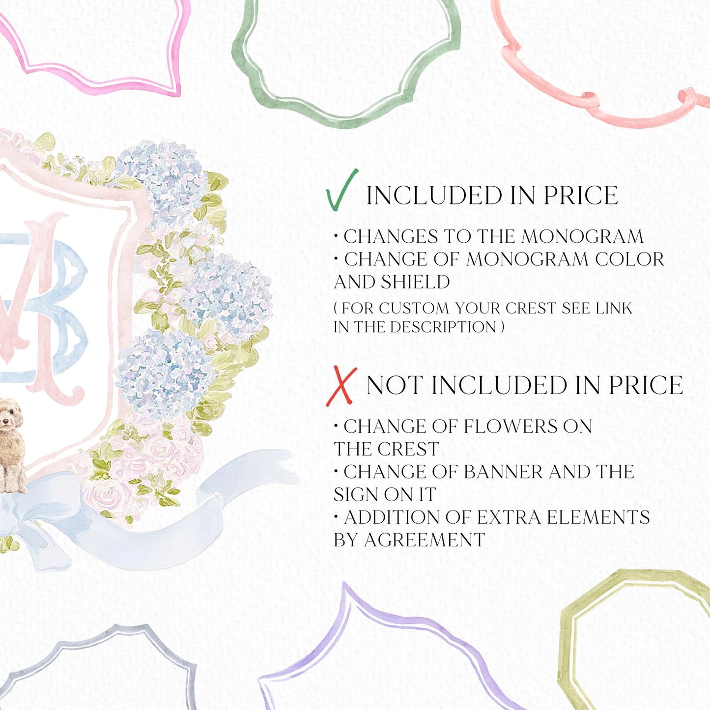 Hydrangea Pink Green Floral Wedding Crest - Monogram Crest - Green Baby's Breath Hydrangea Floral Luxury Watercolor Wedding Crest