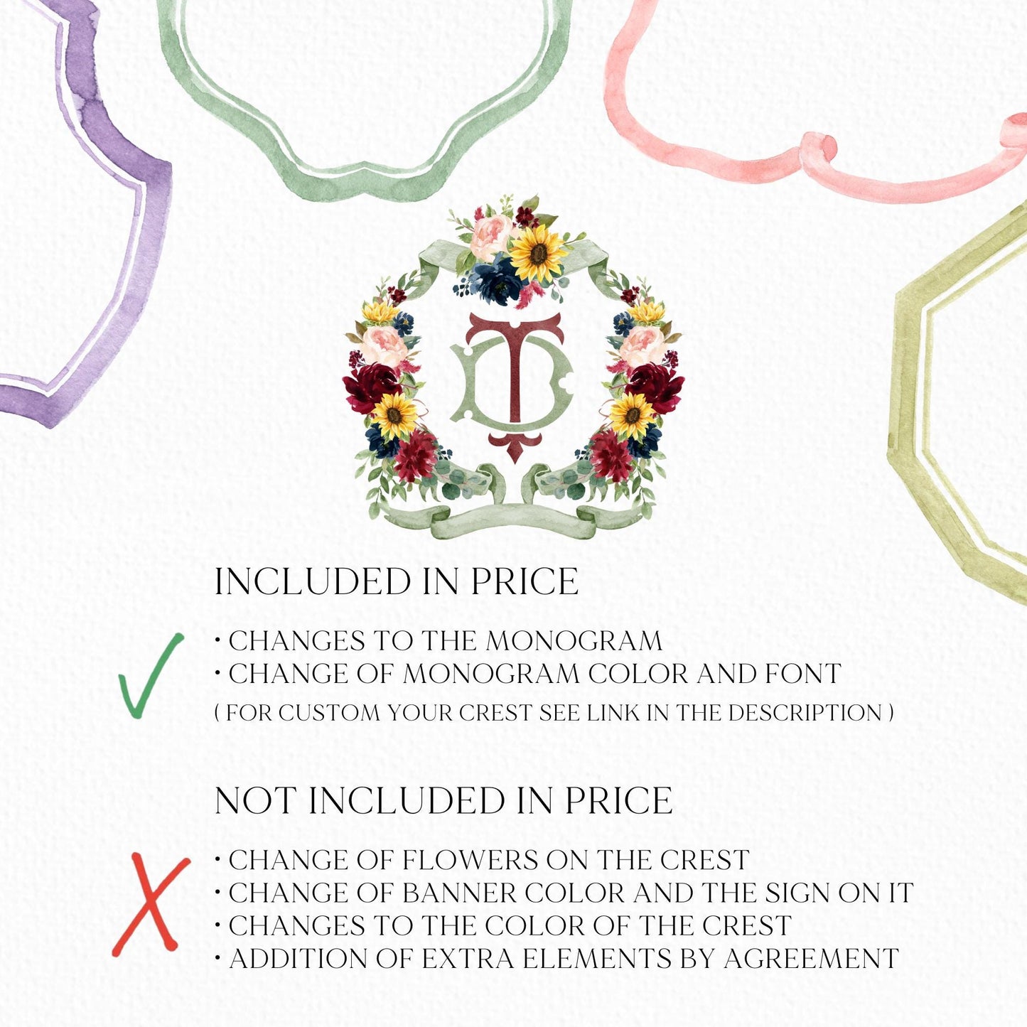 Sunflower Burgundy Red Blush Peony Rose Flower Wedding Crest - Monogram Crest - Floral Watercolor Wedding Crest - Romantic Wedding Crest