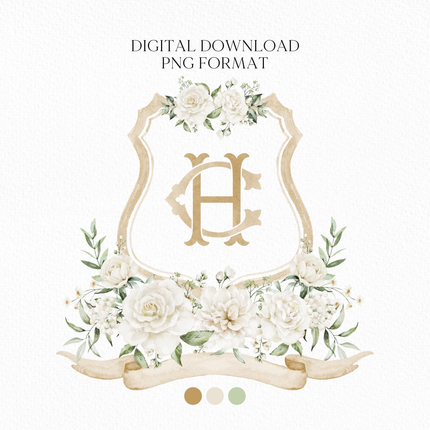 White Rose Greenery Hydrangea Flower Wedding Crest - Monogram Crest - Hydrangea White Floral Watercolor Wedding Crest Romantic Wedding Crest