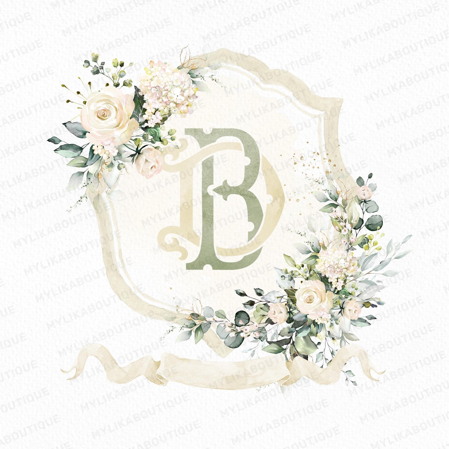 Creamy Rose Ivory Greenery Gold Flower Wedding Crest - Monogram Crest - Floral Luxury Watercolor Wedding Crest - Romantic Wedding Crest