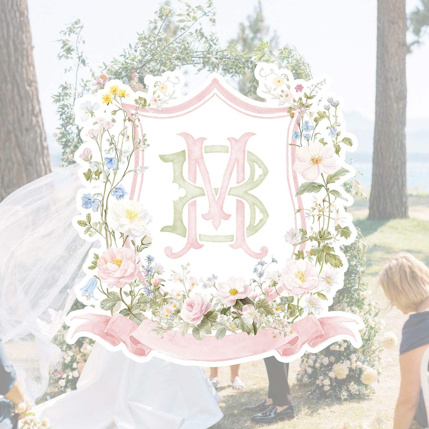 Pastel Wildflowers Light Pink Watercolor Wedding Crest - Monogram Crest - Floral Watercolor Wedding Crest - Romantic Wedding Crest