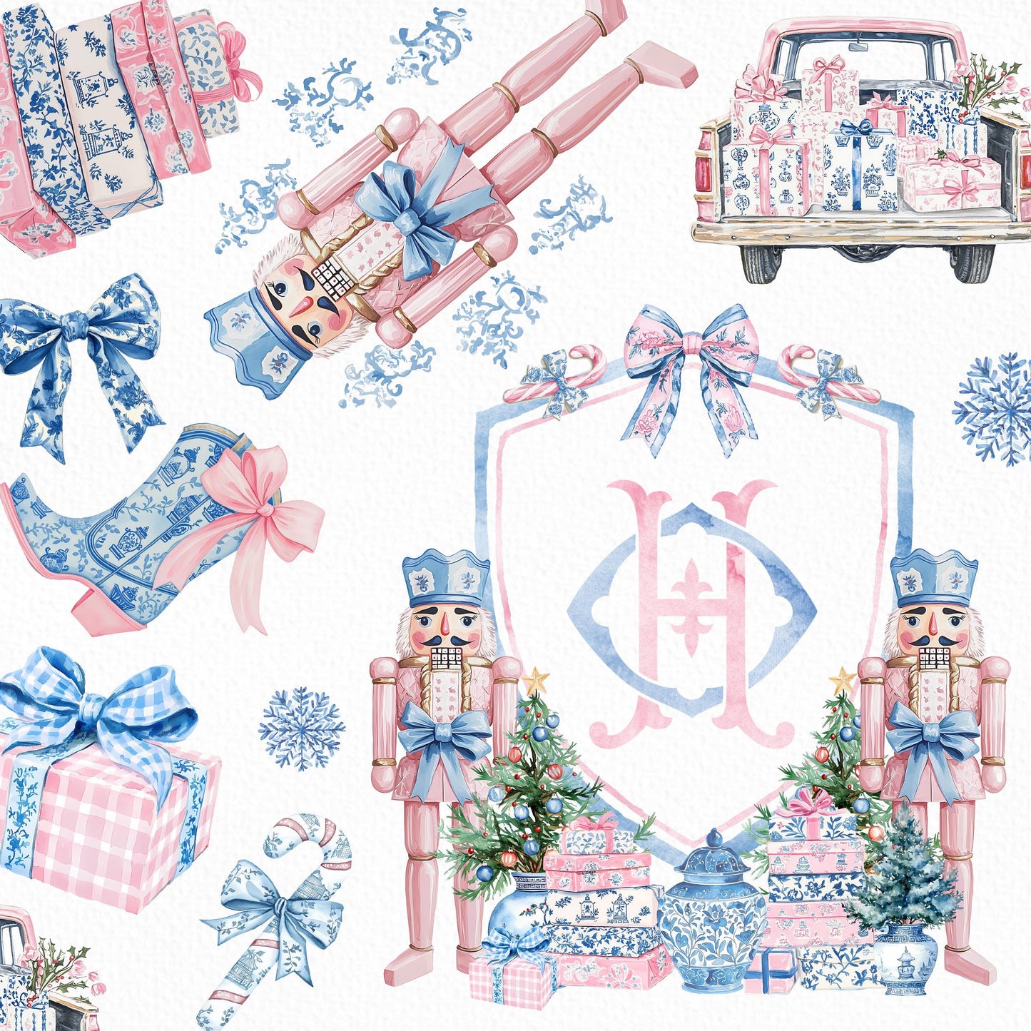 Nutcracker Blue Chinoiserie Christmas Crest - Monogram Crest - Christmas Watercolor Crest DIY - Luxury Watercolor Wedding Crest - Christmas