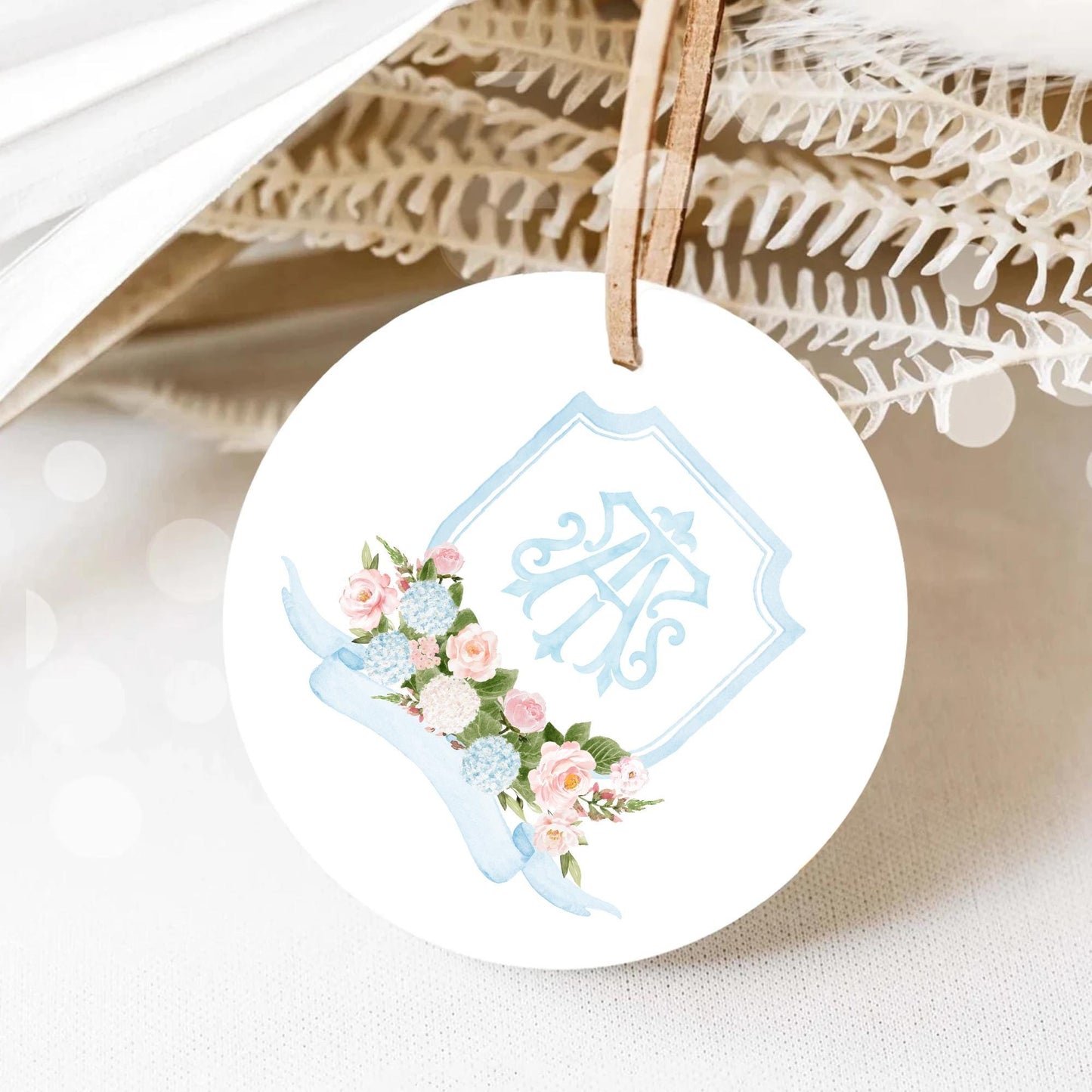 White Hydrangea Blush Pink Rose Flower Wedding Crest - Monogram Crest - Light Blue Hydrangea Floral Luxury Watercolor Wedding Crest