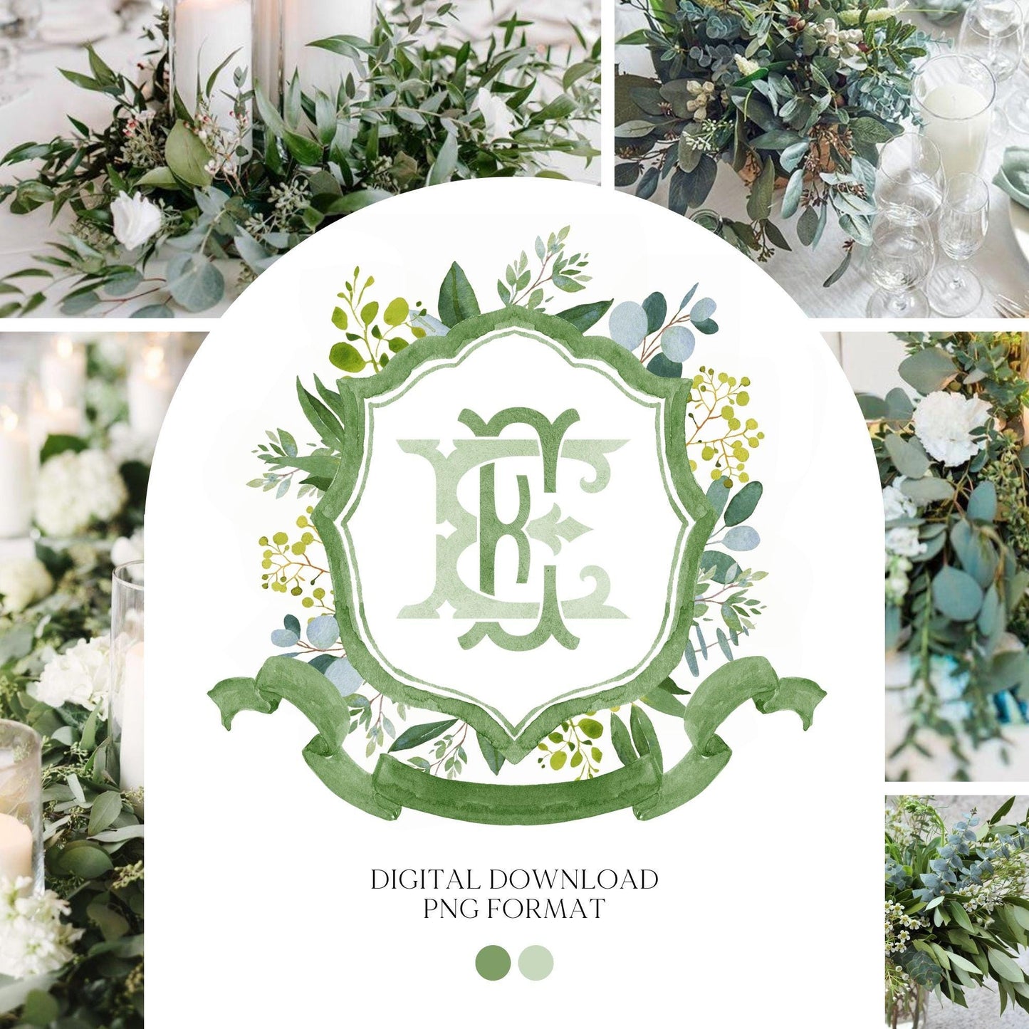 Eucalyptus Green Leaves Flower Wedding Crest - Monogram Crest - Greenery Floral Luxury Watercolor Wedding Crest - Romantic Wedding Crest