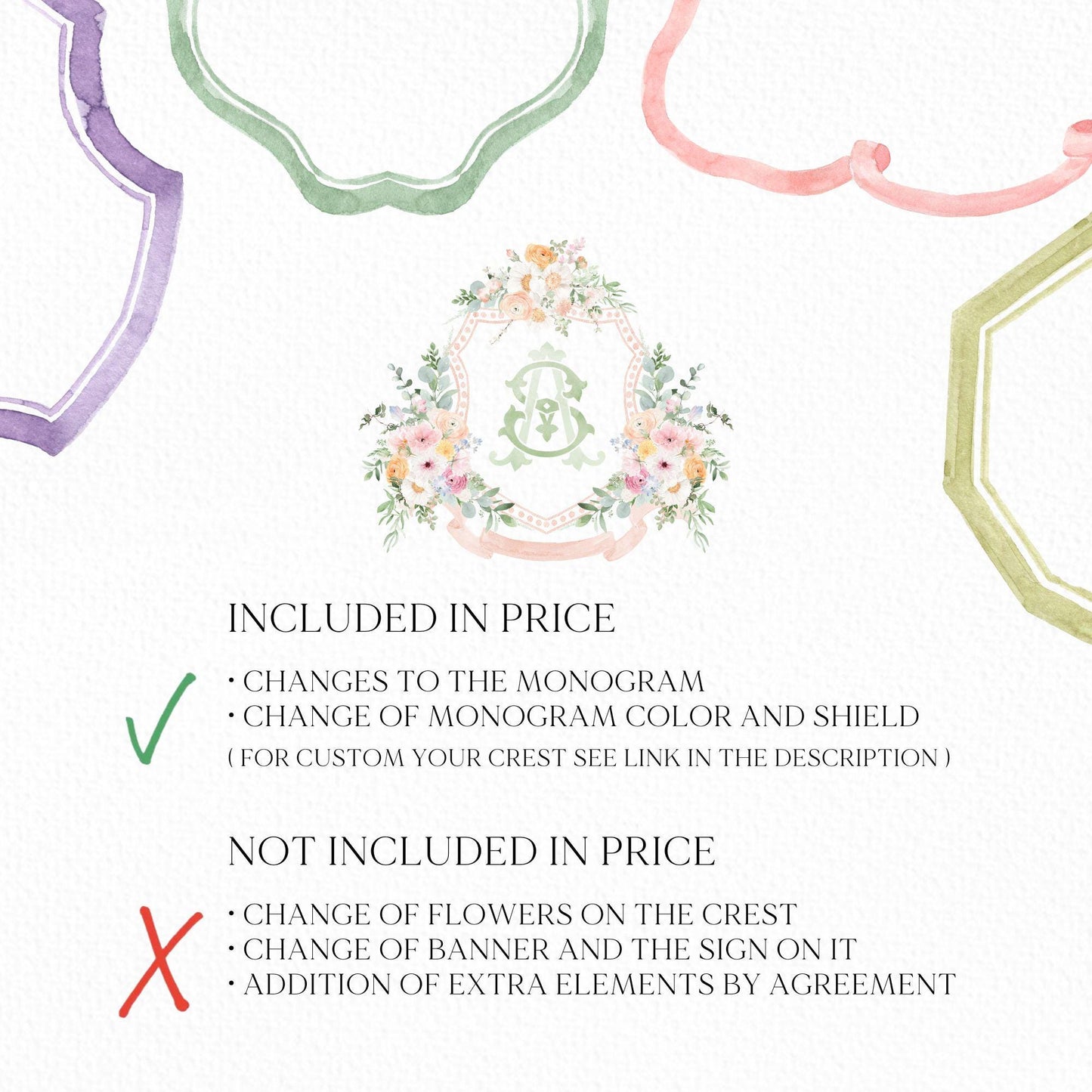 Wildflower Prink Spring Flower Wedding Crest - Monogram Crest - Wildflower bohemian Floral Watercolor Wedding Crest - Romantic Wedding Crest