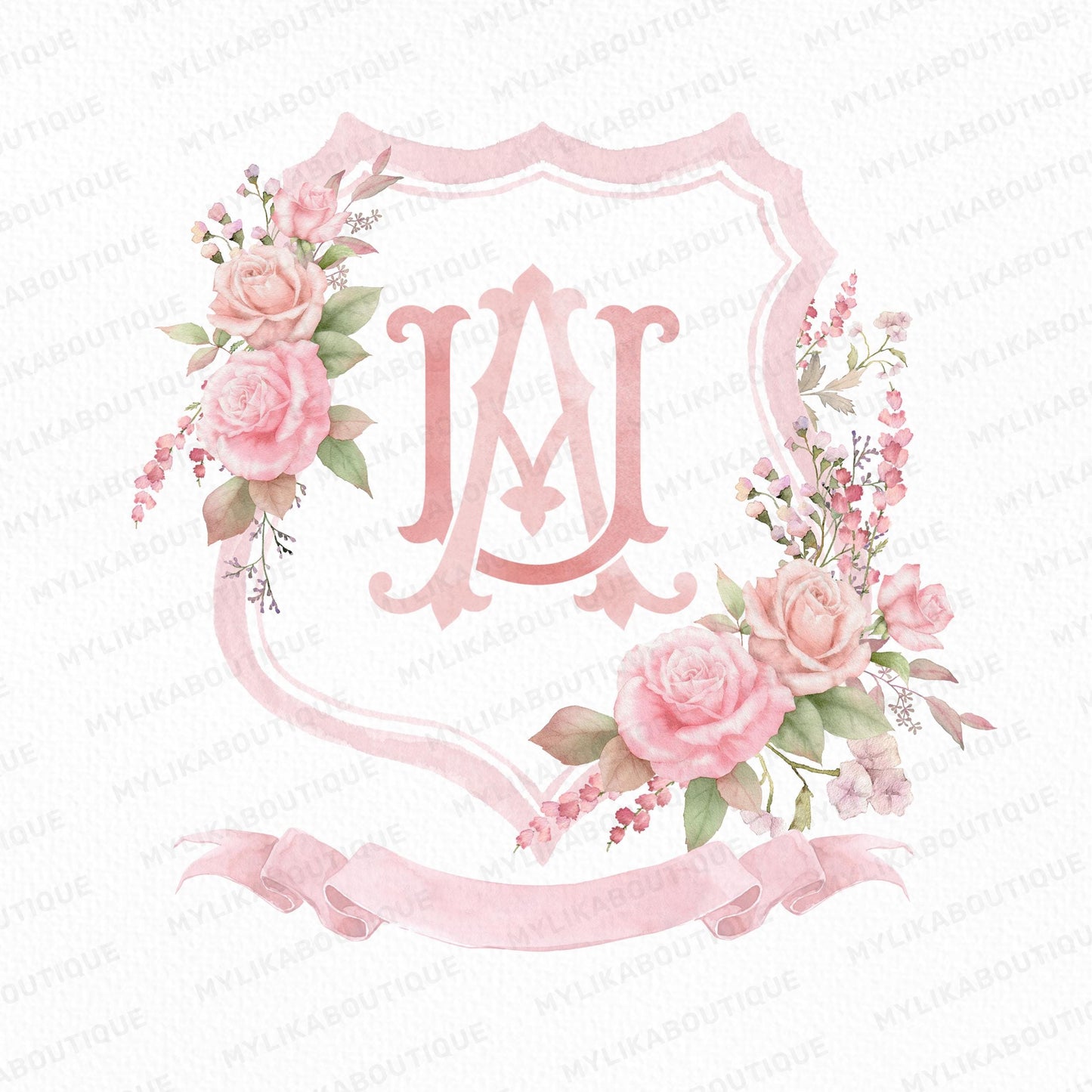 Blush Pink Roses Flower Wedding Crest - Monogram Crest - Floral Luxury Watercolor Wedding Crest - Romantic Wedding Crest