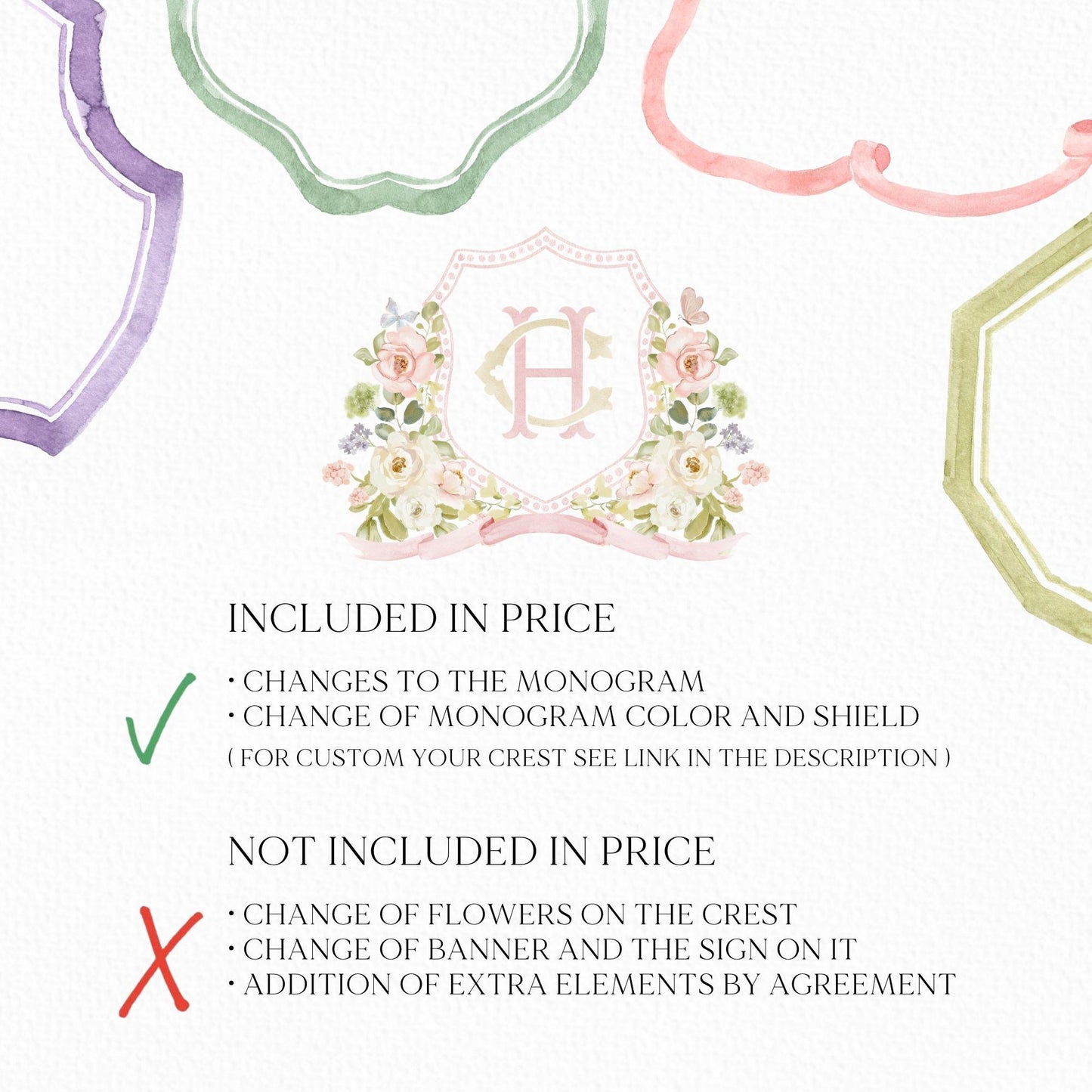 Rose Spring Greenery White Flower Wedding Crest - Monogram Crest - blush Pink Floral Watercolor Wedding Crest - Romantic Wedding Crest