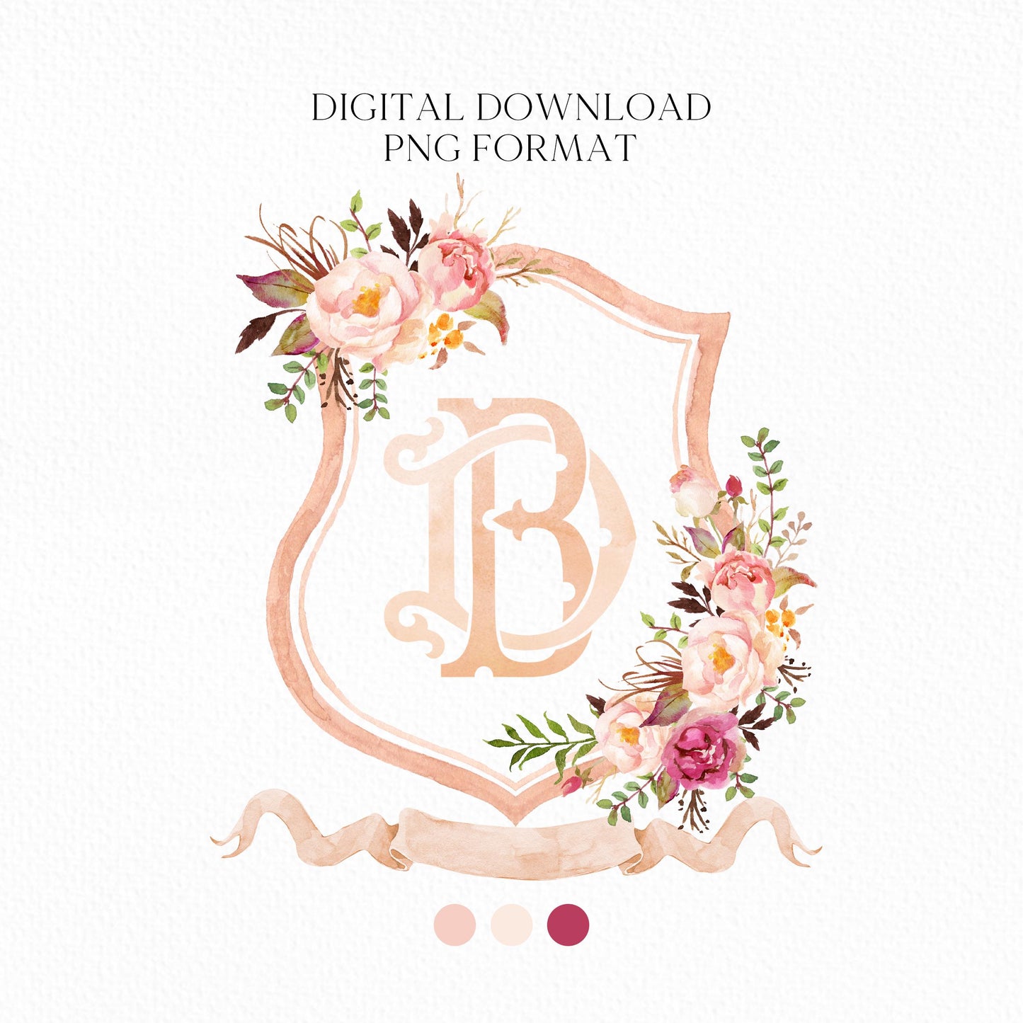 Boho Pink Floral Wedding Crest - Monogram Crest - Pink Floral Luxury Watercolor Wedding Crest - Romantic Wedding Crest - Boho Roses