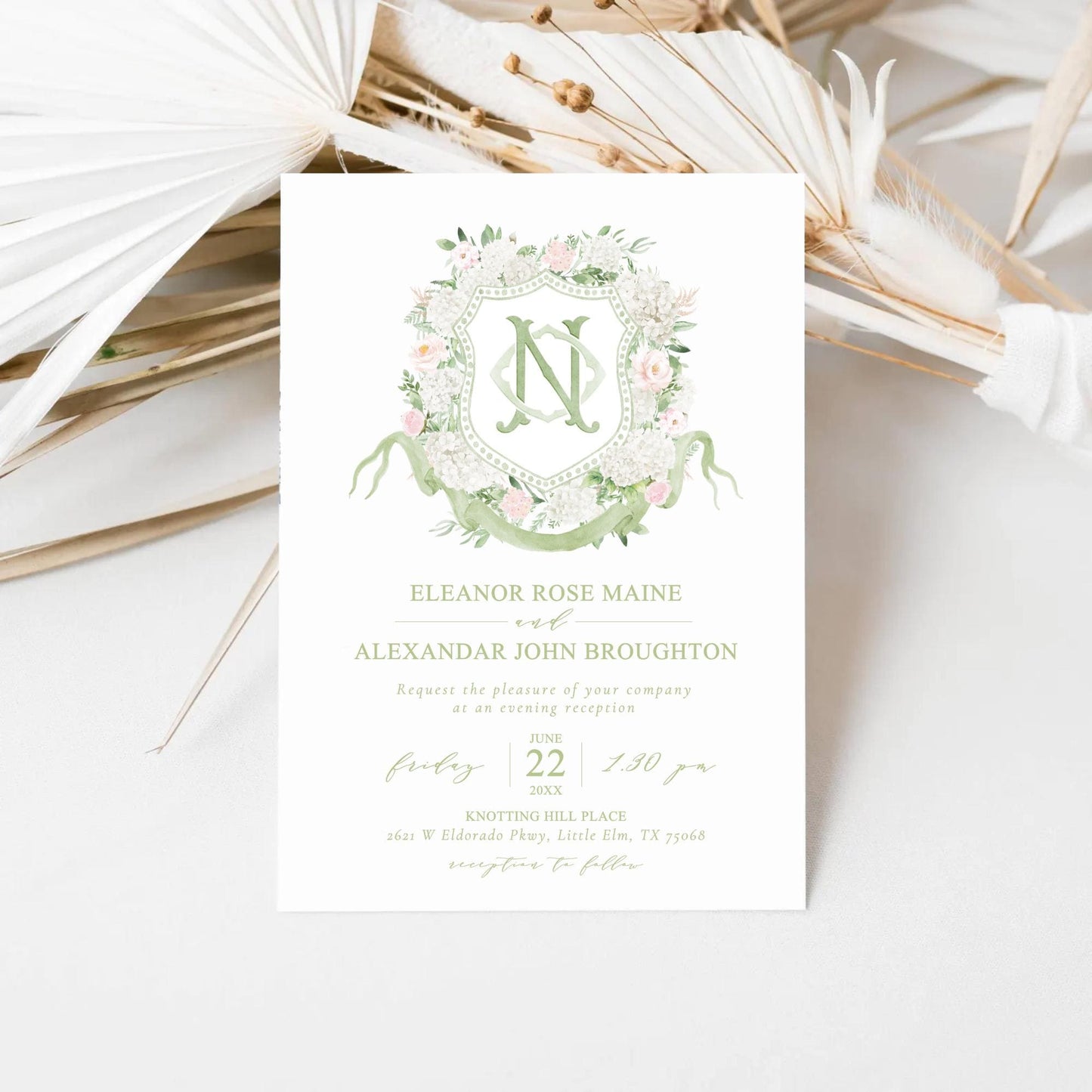 White Hydrangea Flower Wedding Crest - Monogram Crest - Light Pink Roses Hydrangea Floral Watercolor Wedding Crest - Romantic Wedding Crest