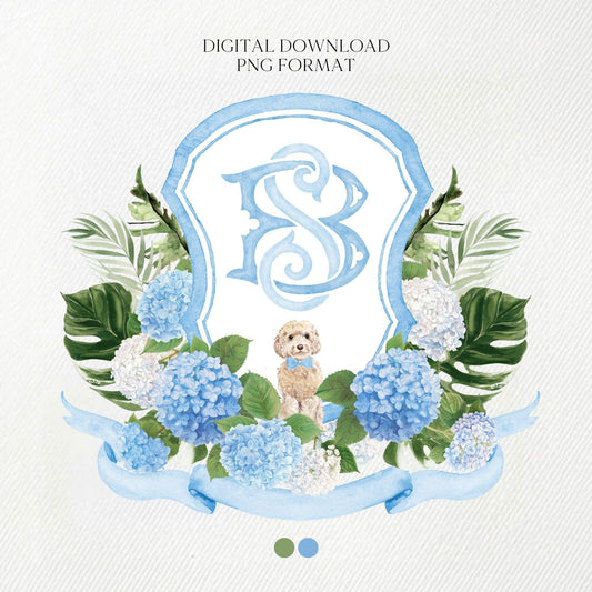 Hydrangea Flower Wedding Crest - Monogram Crest - Hydrangea Floral Luxury Watercolor Wedding Crest - Romantic Wedding Crest- Boho Hydrangea