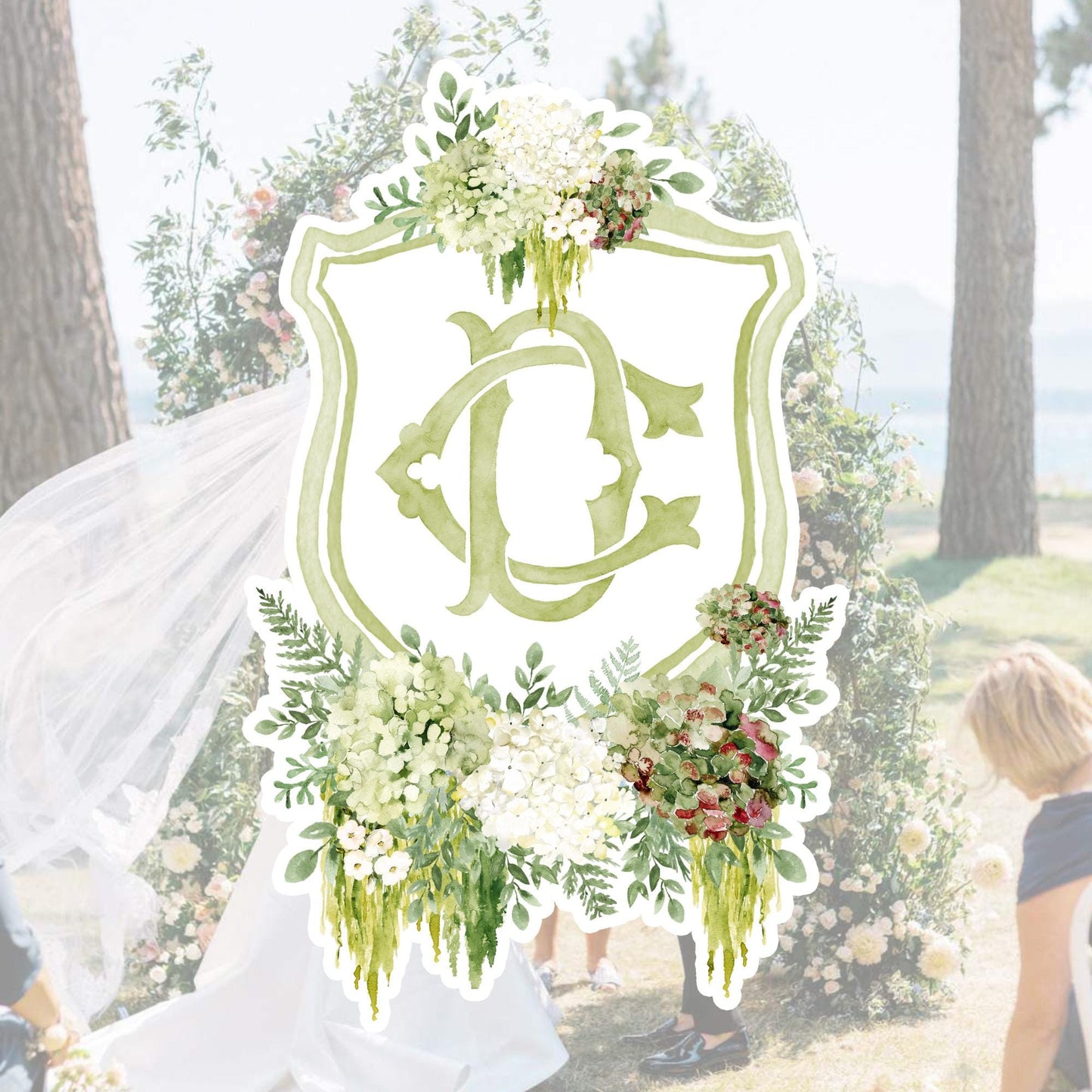 Hydrangea Macrophylla Green Flower Wedding Crest, Monogram Crest, Lush bright Greenery Floral Watercolor Wedding Crest, Hydrangea Crest