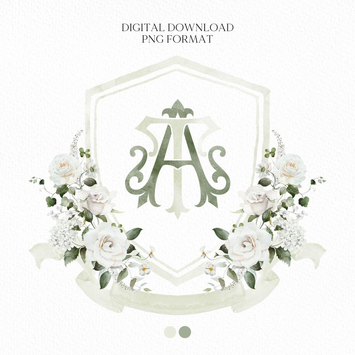White Rose Greenery White Flower Wedding Crest - Monogram Crest - White Floral Watercolor Wedding Crest - Romantic Wedding Crest